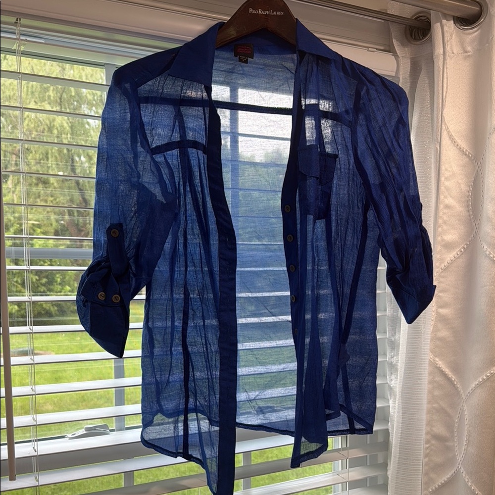 Bebe Blue Sheer Plaid Blouse